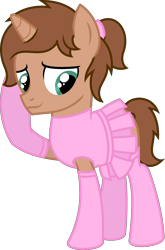 Size: 1578x2387 | Tagged: safe, artist:peternators, imported from derpibooru, oc, oc only, oc:heroic armour, pony, unicorn, clothes, colt, crossdressing, dress, foal, male, ponytail, simple background, smiling, socks, solo, stockings, teenager, thigh highs, transparent background