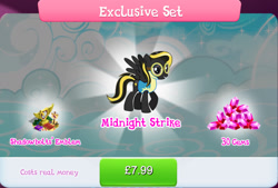 Size: 1271x861 | Tagged: safe, imported from derpibooru, midnight strike, pegasus, pony, aviator goggles, book, bundle, bush, clothes, costs real money, english, female, flight suit, gameloft, gem, goggles, mare, mobile game, my little pony: magic princess, numbers, official, sale, solo, spread wings, text, wings