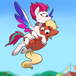 Size: 2048x2048 | Tagged: safe, artist:pfeffaroo, imported from derpibooru, sprout cloverleaf, zipp storm, earth pony, pegasus, pony, blue background, commission, cute, female, flying, g5, holding, holding a pony, male, mare, park, scared, shipping, simple background, sky, smiling, sproutlove, stallion, straight, worried, zippsprout