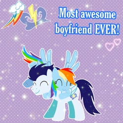 Size: 1400x1400 | Tagged: safe, artist:mlplary6, edit, imported from derpibooru, rainbow dash, soarin', pegasus, pony, eyes closed, female, flying, hug, male, mare, shipping, soarindash, stallion, straight, text