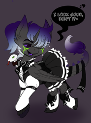 Size: 767x1035 | Tagged: safe, artist:woofpoods, imported from derpibooru, oc, oc only, oc:d'taygo, bat pony, demon, demon pony, pony, snake, 2d, clothes, clothes swap, maid, outfit, snek, solo, stockings, thigh highs