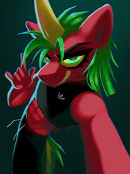 Size: 1620x2160 | Tagged: safe, artist:rtootb, imported from derpibooru, oc, oc only, oc:riot, anthro, dracony, dragon, hybrid, unicorn, abs, adidas, angle, big horn, clothes, colored sclera, cool, digital art, ears back, female, green eyes, green mane, grin, horn, hybrid oc, looking at you, muscles, muscular female, perspective, red fur, shading, sharp teeth, simple background, sketch, smiling, smiling at you, smirk, solo, teeth, yellow sclera