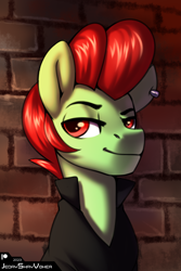 Size: 2000x3000 | Tagged: safe, artist:jedayskayvoker, imported from derpibooru, oc, oc:poison rose, earth pony, brick wall, bust, clothes, colored, colored sketch, ear piercing, earth pony oc, eyebrows, icon, male, piercing, portrait, raised eyebrow, sketch, smiling, smug, solo, stallion