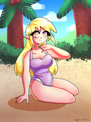 Size: 1800x2400 | Tagged: safe, artist:aquamarine-arts, artist:mylittleyuri, imported from derpibooru, derpy hooves, human, blushing, bush, clothes, cloud, coconut, coconut tree, cute, derpabetes, elf ears, female, food, humanized, kneeling, palm tree, sand, solo, swimsuit, tree