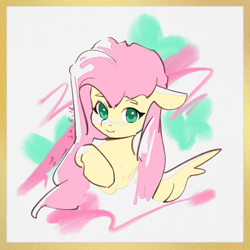 Size: 960x960 | Tagged: safe, artist:lendftcn, imported from derpibooru, fluttershy, pegasus, pony, abstract background, female, floppy ears, looking at you, mare, solo, spread wings, wings