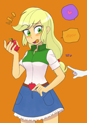 Size: 2894x4093 | Tagged: safe, artist:haibaratomoe, imported from derpibooru, applejack, rarity, equestria girls, apple, belt, blushing, clothes, denim, denim skirt, duo, eating, female, food, freckles, hand, heart, lesbian, offscreen character, open mouth, orange background, pointing, rarijack, shipping, shirt, simple background, skirt, speech bubble