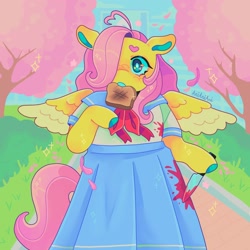 Size: 1440x1440 | Tagged: safe, artist:ariariari.png, imported from derpibooru, fluttershy, pegasus, semi-anthro, blood, bloody knife, bread, clothes, food, hair over one eye, knife, sailor uniform, schoolgirl toast, solo, spread wings, toast, uniform, wings