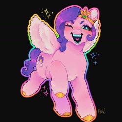 Size: 1440x1440 | Tagged: safe, artist:ariariari.png, imported from derpibooru, pipp petals, pegasus, pony, black background, colored hooves, crown, g5, green eyes, heart tongue, jewelry, one eye closed, regalia, simple background, smiling, solo, spread wings, wings, wink