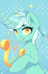 Size: 2600x4000 | Tagged: safe, artist:stravy_vox, imported from derpibooru, lyra heartstrings, pony, unicorn, abstract background, colored pupils, fangs, looking at you, lyre, music notes, musical instrument, smiling, solo, sparkles