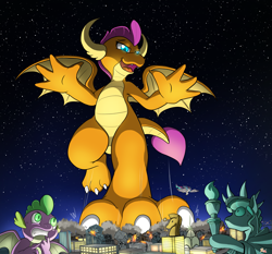 Size: 4185x3900 | Tagged: safe, artist:rai-kun, editor:starponys87, imported from derpibooru, princess celestia, smolder, spike, dragon, absurd resolution, attack, city, cityscape, crush fetish, crushing, destruction, dragoness, feet, female, fetish, fire, foot focus, giantess, high res, macro, manehattan, mega, mega giant, monster, nightmare night, paws, perspective, rampage, scared, skyscraper, smashing, smiling, stomp, stomping, toes, trollestia