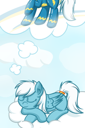 Size: 1280x1920 | Tagged: safe, artist:ask-fleetfoot, imported from derpibooru, fleetfoot, pony, ask-fleetfoot, clothes, cloud, dream, sleeping, solo, uniform, wonderbolts uniform