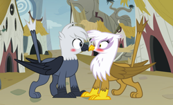 Size: 2936x1782 | Tagged: safe, artist:ponygamer2020, imported from derpibooru, gilda, oc, oc:grey, oc:grey the griffon, griffon, beak, blushing, boop, canon x oc, cute, duo, duo male and female, embarrassed, female, griffon oc, griffonstone, hair, male, noseboop, shipping, straight, tail, vector, wings