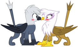 Size: 2447x1485 | Tagged: safe, artist:ponygamer2020, imported from derpibooru, gilda, oc, oc:grey, oc:grey the griffon, griffon, beak, blushing, boop, canon x oc, cute, duo, duo male and female, embarrassed, female, griffon oc, hair, male, noseboop, shipping, simple background, straight, tail, transparent background, vector, wings