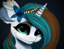 Size: 1954x1500 | Tagged: safe, artist:minckies, imported from derpibooru, oc, oc only, pony, unicorn, black background, bust, ear fluff, flower, flower in hair, horn, simple background, solo, unicorn oc