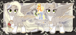 Size: 2013x941 | Tagged: safe, artist:koribooo, imported from derpibooru, applejack, derpy hooves, oc, earth pony, pegasus, pony, bald, coat markings, female, magical lesbian spawn, mare, offspring, parent:applejack, parent:derpy hooves, pegasus oc, raised hoof, smiling, socks (coat markings)