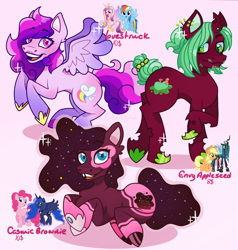 Size: 900x946 | Tagged: safe, artist:xtackyfairyx, imported from derpibooru, applejack, pinkie pie, princess cadance, princess luna, queen chrysalis, rainbow dash, oc, changeling, changeling queen, pegasus, pony, unicorn, ethereal mane, lipstick, magical lesbian spawn, offspring, parent:applejack, parent:pinkie pie, parent:princess cadance, parent:princess luna, parent:queen chrysalis, parent:rainbow dash, pegasus oc, pink background, raised hoof, simple background, starry mane