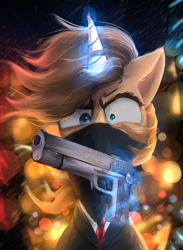 Size: 2491x3412 | Tagged: safe, artist:harukiicat, derpibooru exclusive, imported from derpibooru, oc, oc:harry cog, pony, unicorn, bandana, clothes, furious, glowing, glowing horn, gun, handgun, horn, looking at you, magic, magic aura, male, solo, stallion, weapon, wind