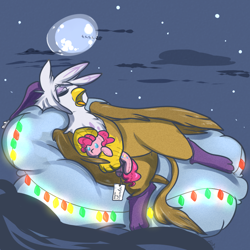 Size: 1000x1000 | Tagged: safe, artist:arnachy, imported from twibooru, gilda, pinkie pie, griffon, christmas, christmas lights, clothes, cloud, hat, holiday, hugging a plushie, image, in the sky, moon, night, on a cloud, plushie, png, present, santa claus, sleeping, sleeping on a cloud, snow, socks, solo focus