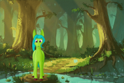 Size: 1024x684 | Tagged: safe, artist:kujivunia, edit, imported from derpibooru, oc, oc only, dryad, earth pony, big ears, earth pony oc, forest, full body, pixelated, solo
