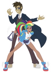 Size: 899x1280 | Tagged: safe, artist:jmkplover, artist:vanossfan10, imported from derpibooru, kotobukiya, doctor whooves, rainbow dash, time turner, equestria girls, doctor who, doctor whooves adventures, duo, fourteenth doctor outfit, kotobukiya rainbow dash, simple background, white background