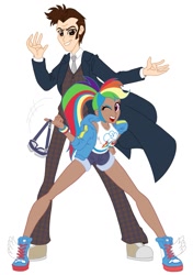 Size: 899x1280 | Tagged: safe, alternate version, artist:jmkplover, artist:vanossfan10, imported from derpibooru, kotobukiya, doctor whooves, rainbow dash, time turner, equestria girls, david tennant, doctor who, duo, fourteenth doctor, kotobukiya rainbow dash, simple background, white background