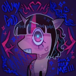 Size: 1440x1440 | Tagged: safe, artist:ariariari.png, imported from derpibooru, twilight sparkle, pony, unicorn, furrowed brow, looking at you, lyrics, solo, staring at you, staring into your soul, sweat, sweatdrops, text, unicorn twilight