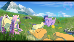 Size: 3734x2158 | Tagged: safe, artist:applehare, imported from derpibooru, applejack, fluttershy, twilight sparkle, alicorn, earth pony, pegasus, pony, cute, dandelion, eyes closed, female, grass, grass field, hair over one eye, high res, jackabetes, looking up, lying down, mare, mountain, on back, prone, shyabetes, straw in mouth, trio, twiabetes, twilight sparkle (alicorn)