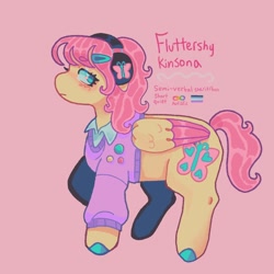 Size: 1440x1440 | Tagged: safe, artist:ariariari.png, imported from derpibooru, fluttershy, oc, pegasus, pony, alternate cutie mark, alternate hairstyle, asexual, asexual pride flag, colored hooves, colored wings, hairclip, headphones, kinsona, neopronouns, neurodivergent, pink background, pins, ponysona, pride, pride flag, pronouns, simple background, solo, sweater vest, two toned wings, wings
