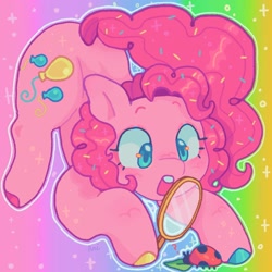 Size: 1440x1440 | Tagged: safe, artist:ariariari.png, imported from derpibooru, pinkie pie, earth pony, insect, ladybug, pony, alternate versions at source, confetti, magnifying glass, solo