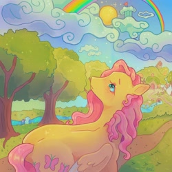 Size: 1440x1440 | Tagged: safe, artist:ariariari.png, imported from derpibooru, fluttershy, pegasus, pony, alternate versions at source, cloud, cloudsdale, color porn, rainbow, river, sky, solo, sun, trail, tree, water