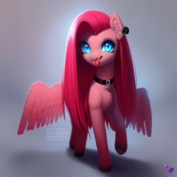 Size: 512x512 | Tagged: safe, imported from derpibooru, pinkie pie, pegasus, pony, :p, ai content, ai generated, female, generator:purplesmart.ai, generator:stable diffusion, pegasus pinkie pie, piercing, pinkamena diane pie, race swap, raised hoof, solo, spread wings, tongue out, wings