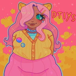 Size: 1440x1440 | Tagged: safe, artist:ariariari.png, imported from derpibooru, fluttershy, human, bisexual pride flag, bisexuality, clothes, dark skin, draw this in your style, ear piercing, earring, fat, hairpin, human coloration, humanized, jewelry, necklace, neurodivergent, pearl necklace, piercing, pony ears, pride, pride flag, solo, sweater