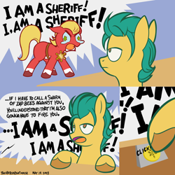 Size: 1920x1920 | Tagged: safe, artist:theratedrshimmer, imported from derpibooru, hitch trailblazer, sprout cloverleaf, earth pony, pony, angry, comic, crying, dialogue, g5, i am a surgeon, implied zap bees, male, meme, ponified meme, sheriff, stallion, text, the good doctor, this will end in pain, this will end in tears, unamused, yelling