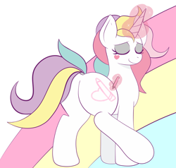 Size: 2272x2160 | Tagged: safe, anonymous artist, imported from derpibooru, oc, oc only, pony, unicorn, blank flank, butt, crayon, cute, eyes closed, female, happy, heart, magic, mare, plot, rainbow, rear view, solo, telekinesis