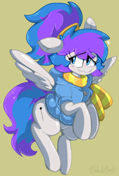Size: 852x1259 | Tagged: safe, artist:malachimoet, imported from derpibooru, oc, oc only, pegasus, pony, clothes, coat, cute, green background, pegasus oc, ponytail, rule 63, scarf, shy, simple background, solo, spread wings, wings