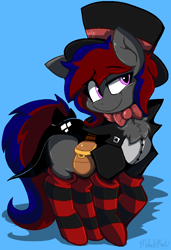 Size: 608x887 | Tagged: safe, artist:malachimoet, imported from derpibooru, oc, oc only, oc:velvet soulstone, earth pony, pony, blue background, bowtie, chest fluff, clothes, cyan background, earth pony oc, fancy, hat, male, self insert, simple background, socks, solo, striped socks, suit, top hat