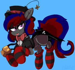 Size: 966x902 | Tagged: safe, artist:malachimoet, imported from derpibooru, oc, oc only, earth pony, pony, blue background, bowtie, clothes, cyan background, earth pony oc, eyeshadow, fancy, female, hat, looking at you, makeup, mare, rule 63, simple background, socks, solo, striped socks, tongue out, top hat