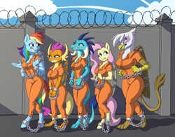 Size: 3200x2500 | Tagged: safe, artist:hinzenart, imported from derpibooru, fluttershy, gilda, princess ember, rainbow dash, smolder, anthro, digitigrade anthro, dragon, unguligrade anthro, bound wings, breasts, chained, chains, clothes, commissioner:rainbowdash69, cuffed, dragoness, female, group, jumpsuit, lizard breasts, never doubt rainbowdash69's involvement, prison outfit, prisoner ember, prisoner ft, prisoner gilda, prisoner rd, prisoner smolder, quintet, shackles, wings