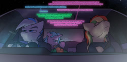 Size: 1280x632 | Tagged: safe, artist:captainhoers, imported from derpibooru, oc, oc only, oc:atom smasher, oc:candy chip, oc:rainbow code, oc:throttle track, cyborg, earth pony, pegasus, unicorn, the sunjackers, candysmasher, cyberpunk, female, male, mare, mitsubishi, mitsubishi starion, stallion