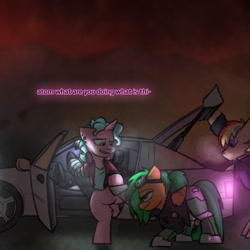 Size: 800x800 | Tagged: safe, artist:captainhoers, imported from derpibooru, oc, oc only, oc:atom smasher, oc:candy chip, oc:rainbow code, oc:throttle track, cyborg, earth pony, pegasus, unicorn, the sunjackers, candysmasher, cyberpunk, female, male, mare, mitsubishi, mitsubishi starion, stallion