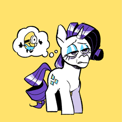 Size: 733x733 | Tagged: safe, artist:kylesmeallie, imported from derpibooru, rarity, pony, unicorn, bags under eyes, female, lidded eyes, mare, minions, simple background, solo, thought bubble, yellow background