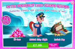 Size: 1965x1298 | Tagged: safe, imported from derpibooru, admiral fairy flight, pegasus, pony, advertisement, bush, clothes, costs real money, english, female, folded wings, gameloft, gem, hat, mare, mobile game, my little pony: magic princess, numbers, official, sale, solo, text, wings