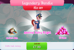 Size: 1268x858 | Tagged: safe, imported from derpibooru, admiral fairy flight, pegasus, pony, bundle, bush, clothes, costs real money, english, female, folded wings, gameloft, gem, hat, mare, mobile game, my little pony: magic princess, numbers, official, sale, solo, text, wings