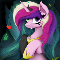 Size: 4000x4000 | Tagged: safe, artist:ser-p, imported from derpibooru, princess cadance, queen chrysalis, alicorn, changeling, changeling queen, pony, absurd resolution, fake cadance, floating heart, grin, heart, mid-transformation, smiling