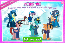 Size: 1963x1302 | Tagged: safe, imported from derpibooru, admiral fairy flight, colonel purple dart, general flash, rumble, star hunter, earth pony, pegasus, pony, advertisement, aviator goggles, clothes, english, facial hair, female, flight suit, folded wings, gameloft, glasses, glider, goggles, hat, male, mare, mobile game, moustache, my little pony: magic princess, official, older, older rumble, spread wings, stallion, text, unnamed character, unnamed pony, wings