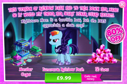 Size: 1962x1298 | Tagged: safe, imported from derpibooru, rainbow dash, bat pony, pony, advertisement, alternate hairstyle, alternate timeline, armor, bush, cage, costs real money, english, female, gameloft, gem, mare, mobile game, mohawk, my little pony: magic princess, night guard, night guard dash, nightmare takeover timeline, numbers, official, sale, solo, speech bubble, spread wings, wings