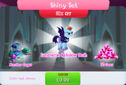 Size: 1267x857 | Tagged: safe, imported from derpibooru, rainbow dash, bat pony, pony, alternate hairstyle, alternate timeline, armor, bundle, bush, cage, costs real money, english, female, gameloft, gem, mare, mobile game, mohawk, my little pony: magic princess, night guard, night guard dash, nightmare takeover timeline, numbers, official, sale, solo, spread wings, text, wings