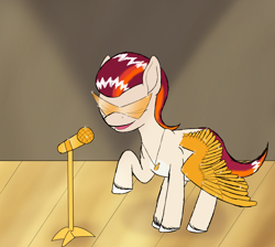 Size: 1900x1700 | Tagged: safe, artist:the crystal artist, derpibooru exclusive, imported from derpibooru, part of a set, pegasus, pony, series:the grand equestria talent show, dialogue in the description, eyes closed, g5, jewelry, male, microphone, necklace, part of a series, raised hoof, rocky riff, singing, solo, sparkly, spotlight, stage, stage light, stallion, sunglasses, swishing tail, unshorn fetlocks