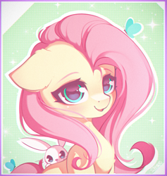 Size: 1539x1625 | Tagged: safe, artist:stahlkat, imported from derpibooru, angel bunny, fluttershy, butterfly, pegasus, pony, rabbit, abstract background, animal, colored eyebrows, cute, duo, female, floppy ears, half body, looking at you, mare, open mouth, open smile, peeking, shyabetes, signature, smiling, smiling at you, wingless