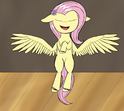 Size: 1900x1700 | Tagged: safe, artist:the crystal artist, derpibooru exclusive, imported from derpibooru, part of a set, fluttershy, pegasus, pony, series:the grand equestria talent show, cute, dialogue in the description, eyes closed, female, floppy ears, flower, flower in hair, flying, mare, open mouth, part of a series, shyabetes, smiling, solo, spread wings, stage, talent show, unshorn fetlocks, wings